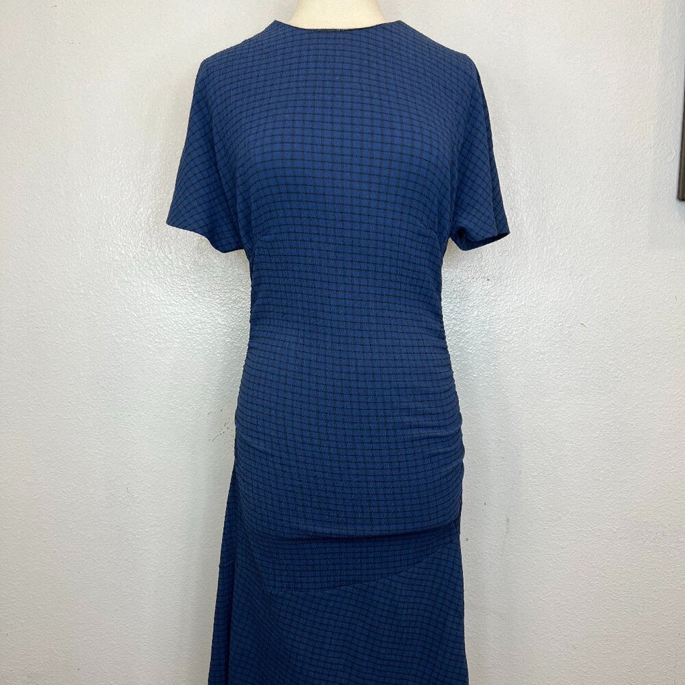 Bimba Y Lola Midi Dress Blue Black‎ Stripe Side Rouching Flounce Bottom Size XS.